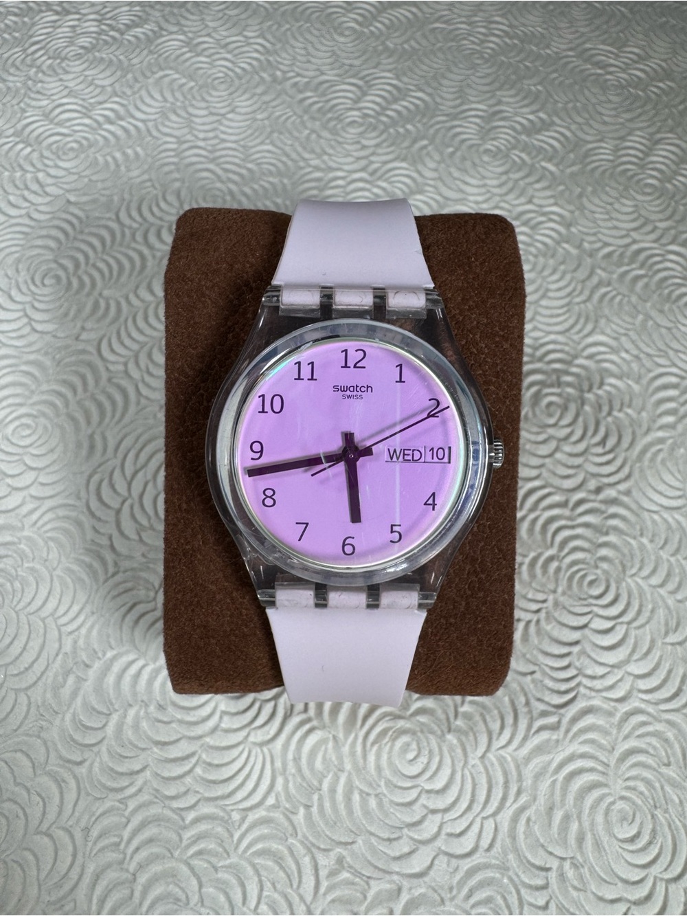SWATCH Ultrarose Standard GE714 pink and white watch with date/day.